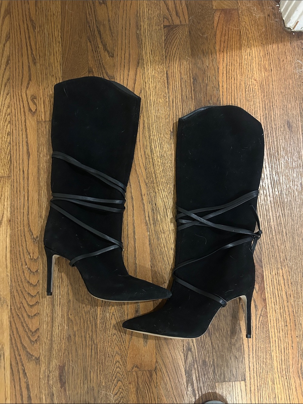 Worn once- SCHUTZ Black Suede Pointed-Toe Wrap Lace Heeled Boots